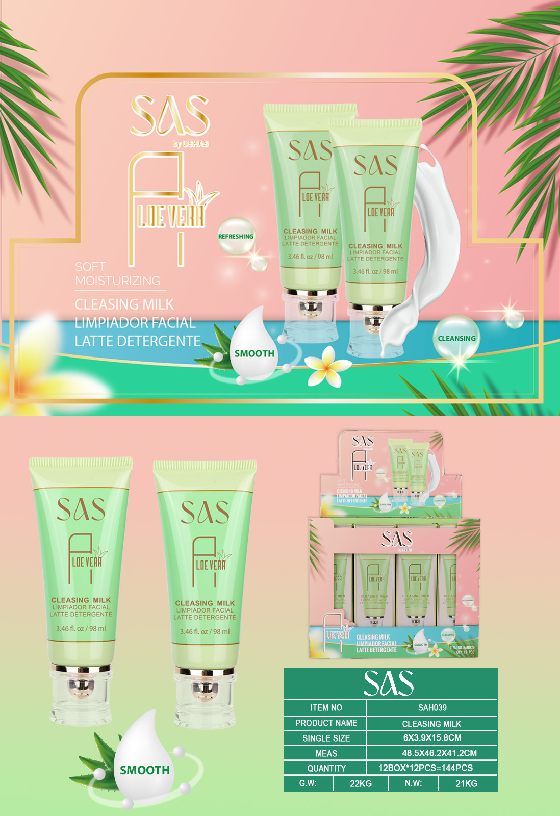 Sas - Limpiador Facial de Aloe Vera 12 Unidades